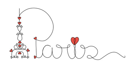 Paris escrito com letra cursiva e corações line arte vetorial