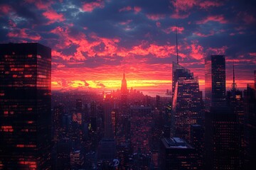 Fototapeta premium Skyscrapers Glowing with City Lights at Sunset