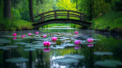 Fototapeta premium Pond with Lily Pads and Wooden Bridge in a Forest Glade