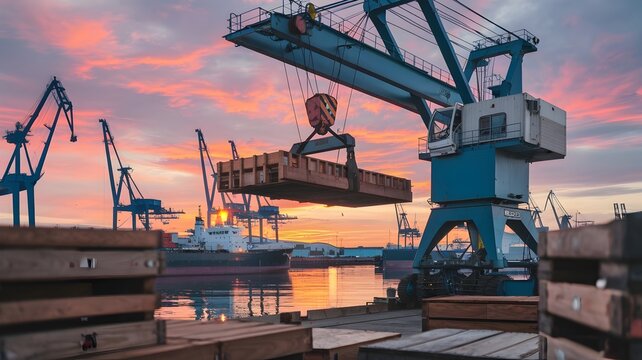 Industrial crane lifting heavy load in sunset-lit harbor