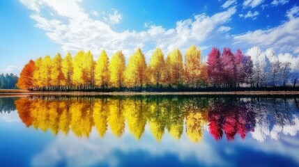 Fototapeta premium Reflections of Autumn: A First-Person Journey Through Symmetric Splendor