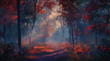Sunlight breaks through the trees, illuminating a serene forest path. The soft mist adds a mystical quality to the early morning, creating a tranquil atmosphere in nature.