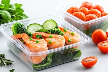 Fresh shrimp salad with broccoli and tomatoes in a clear container, perfect for healthy meal prep and vibrant meal presentation.