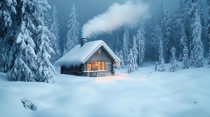 Naklejka premium Snowcovered cabin in the woods with smoke rising from the chimney, cozy winter retreat. 8k, in focus, realistic texture, copy space for text