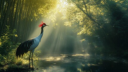 Fototapeta premium Bamboo Grove with Red-Crowned Crane by Pond and Sunlight