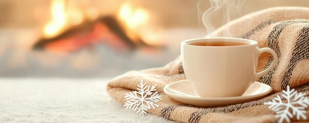 Warm plaid blanket and a cup of tea, cozy by the fire, perfect winter relaxation. 8k, in focus, realistic texture, copy space for text