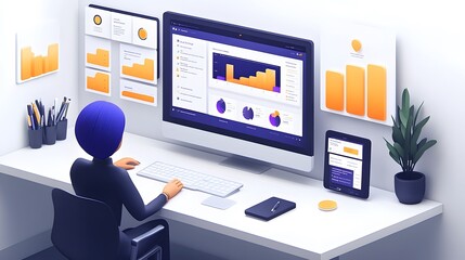 Business analysis environment with AI-powered data insights, team studying futuristic dashboards in sleek corporate setting