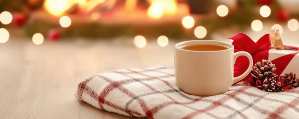 Warm plaid blanket and a cup of tea, cozy by the fire, perfect winter relaxation. 8k, in focus, realistic texture, copy space for text