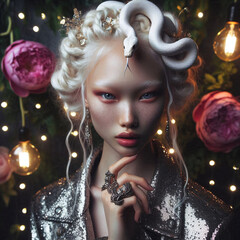 Luxury fashion style photo. Beautiful woman with a snake. Book magazine creative concept cover photography