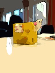 Two white mice play with a piece of cheese on a table.