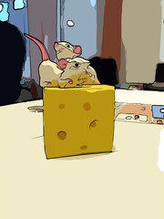 Two white mice play with a piece of cheese on a table.