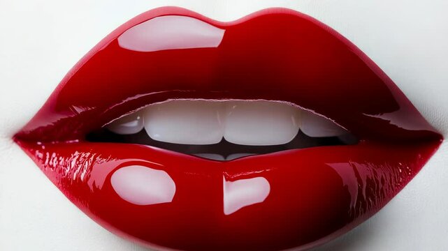 Glossy red lips on a white background.