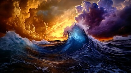 Fototapeta premium Dramatic Ocean Wave with Sunset Clouds