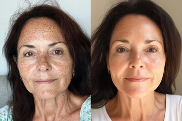 Before and after selfie, a comparison of age spots removal. Laser treatment effects on age spots on woman's face - skincare transformation	