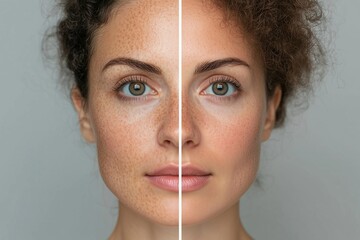 Before and after selfie, a comparison of age spots removal. Laser treatment effects on age spots on woman's face - skincare transformation 