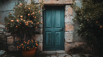 Fototapeta premium Rustic Stone Wall with Blue Wooden Door and Orange Flowers
