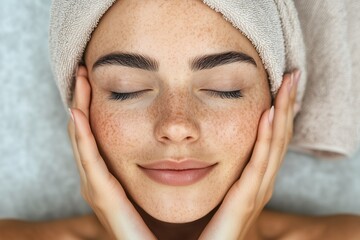 A young woman with a joyful smile, showcasing her clear skin with hyperpigmentation or freckles