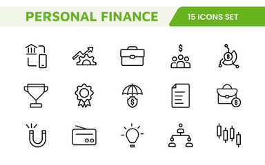 Personal Finance Icon Set. Sleek and intuitive icons for budgeting; saving; and investing; perfect for financial apps; tools; and websites to empower users in managing their money effectively.
