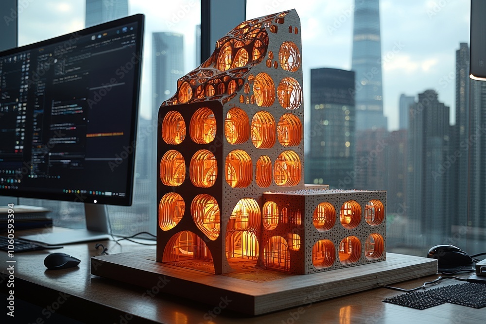 Poster Illuminated Wooden Model of a Modern Skyscraper on a Desk