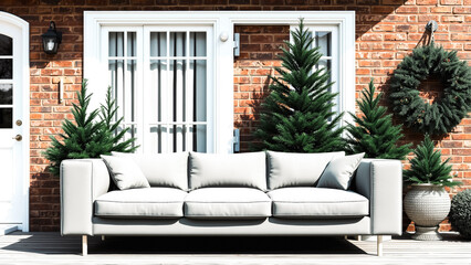 Obraz premium comfortable sofa on a wooden deck with lush greenery