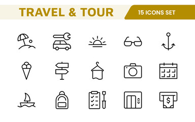 Travel Booking Icon Set. Stylish and user-friendly icons for enhancing travel apps, websites, and services, perfect for streamlining flight searches, hotel bookings, and adventure planning.