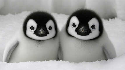 Obraz premium Two Young Penguin Chicks Huddle Together in the Snowy Landscape of Antarctica, Showcasing Their Fluffy Plumage and Curious Expressions