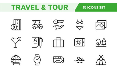 Travel Booking Icon Set. Stylish and user-friendly icons for enhancing travel apps, websites, and services, perfect for streamlining flight searches, hotel bookings, and adventure planning.