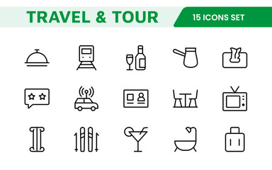 Travel Booking Icon Set. Stylish and user-friendly icons for enhancing travel apps, websites, and services, perfect for streamlining flight searches, hotel bookings, and adventure planning.