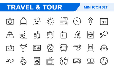 Travel Booking Icon Set. Stylish and user-friendly icons for enhancing travel apps, websites, and services, perfect for streamlining flight searches, hotel bookings, and adventure planning.
