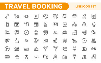 Travel Booking Icon Set. Stylish and user-friendly icons for enhancing travel apps, websites, and services, perfect for streamlining flight searches, hotel bookings, and adventure planning.