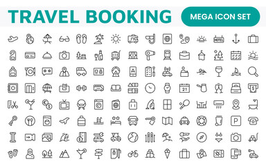 Travel Booking Icon Set. Stylish and user-friendly icons for enhancing travel apps, websites, and services, perfect for streamlining flight searches, hotel bookings, and adventure planning.