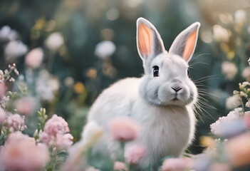 Fototapeta premium A watercolor painting of a fluffy rabbit surrounded by pink flowers and green leaves, creating a soft and serene atmosphere.