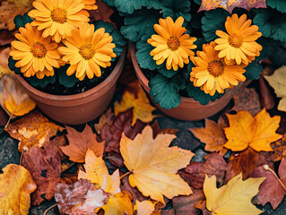 Two small pots of yellow mums