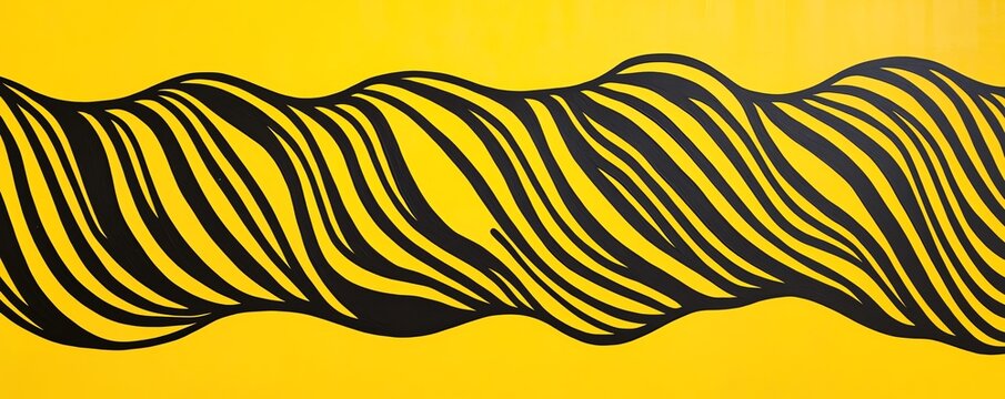 Composition g&eacute;om&eacute;trique de lignes ondulantes noires sur fond jaune lumineux.