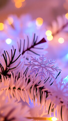 silver snowflake ornament on a white pine branch