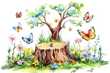 Watercolor Tree Stump with Butterflies and Flowers Illustration