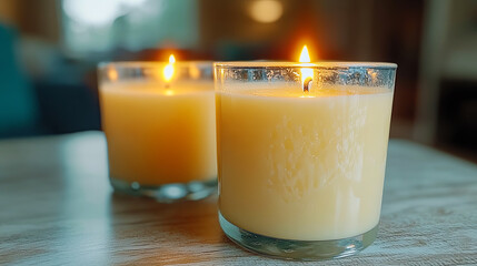 Two Lit Candles Emitting a Warm Glow on a Wooden Table in a Cozy Indoor Setting During Evening Hours