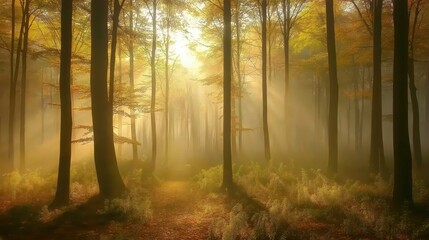 Sunlight breaks through the trees, illuminating a serene forest path. The soft mist adds a mystical quality to the early morning, creating a tranquil atmosphere in nature.