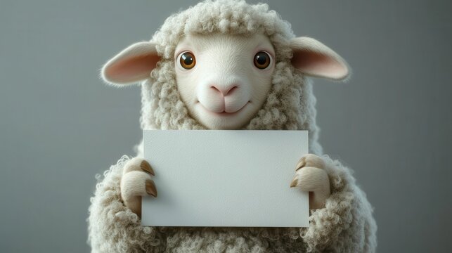 adorable cartoon sheep character cheerfully holding a blank sign on a pure white background inviting customization with an endearing expression and fluffy wool creating a playful ambiance