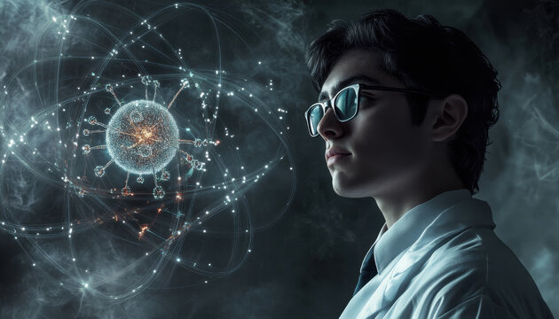 A scientist is looking at an atom with protons and subatomic particles in the background