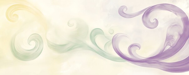Spirales abstraites harmonieuses en d&eacute;grad&eacute; de violet, vert et jaune p&acirc;le.