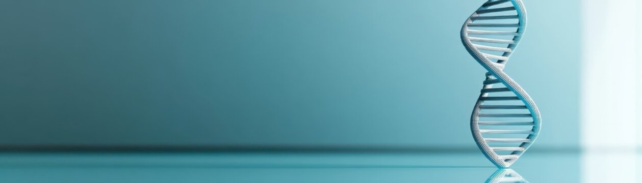 A close-up of a DNA strand showcasing its structure in a serene, modern setting, emphasizing genetics and molecular biology concepts.