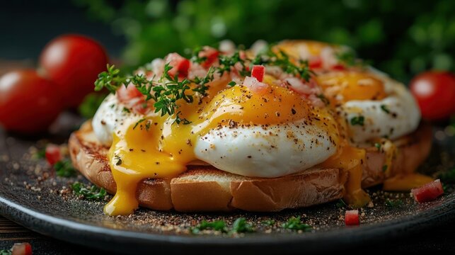 An image of a delicious cheesy eggs benny with toast, tomatoes, and red peppers on the side.