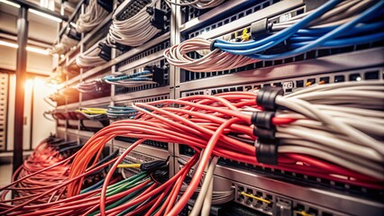 Intricate network cables and wires fill the IT system room, showcasing high-tech installations in the data center, emphasizing connectivity, computer servers, and advanced networking infrastructure.