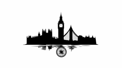 Naklejka premium Black and white silhouette of London skyline with Big Ben, Houses of Parliament and Tower Bridge reflected in water with a compass.