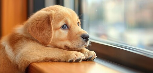 Golden retriever puppy gazing out the window, thoughtful mood.