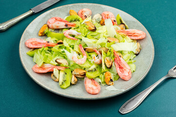 Seafood platter with shrimp, mussels.