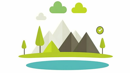 Naklejka premium Flat design illustration of a mountain range with a lake and green trees with a checkmark above.