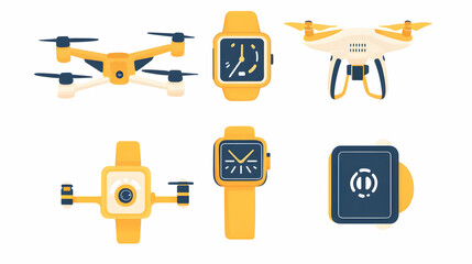 Set of modern gadgets - drone, smartwatch and action camera.