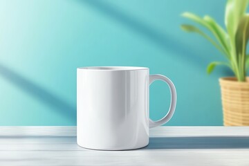 Obraz premium A clean white mug on a table against a vibrant blue background, ideal for showcasing beverages or branding.